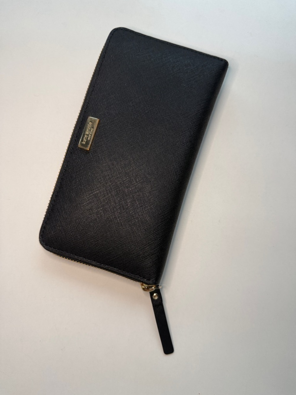 Kate Spade Black Saffiano Zip Around Wallet with Gold Plaque